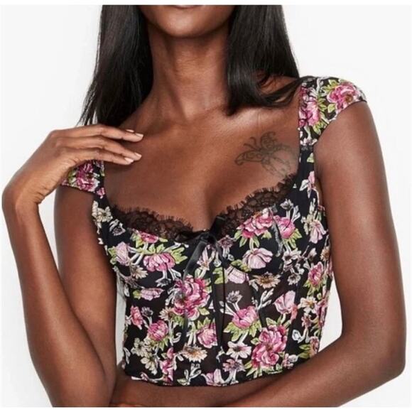 VICTORIA'S SECRET Bustier Corset Y2K Bra 32D‎ Fairy Embroidered Floral Lace - Picture 1 of 12